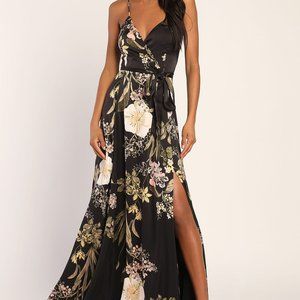 Lulus Still the One Black Floral Print Satin Maxi Dress